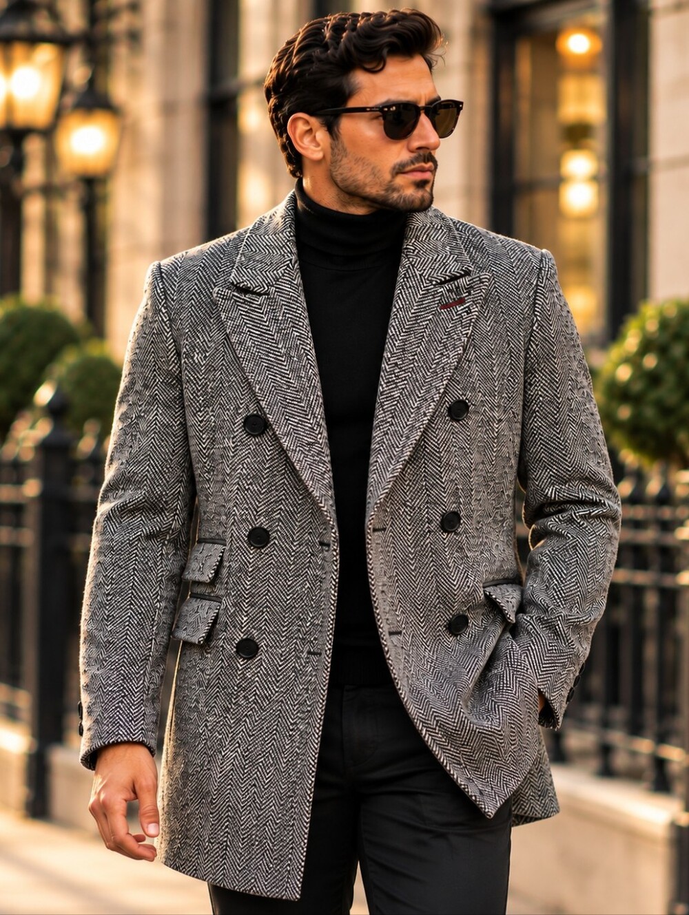 Topman Black & White Herringbone Double-Breasted Pea Coat with Burgundy Lining